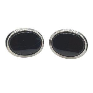 Vintage Silver-Tone Cufflinks Large Oval Black Center